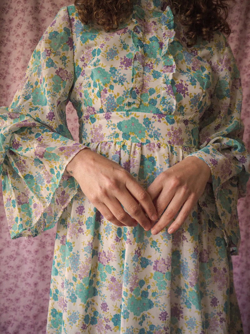 TURQUOISE 1960s/1970s Vintage Angela Gore Floral Maxi Dress - Size S