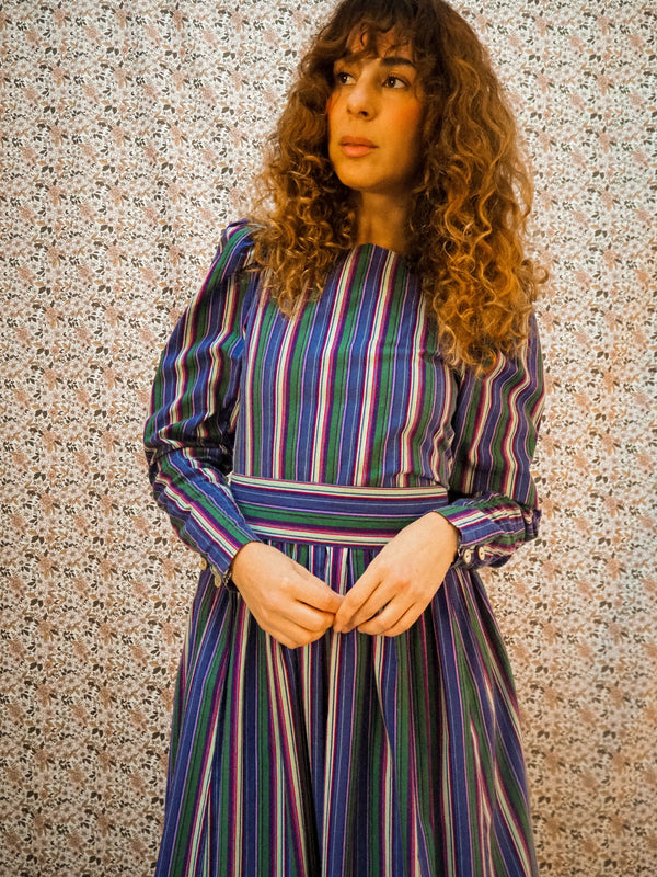 TWILIGHT VIOLET - 1980s Laura Ashley Purple Stripes Prairie Dress - Size S/M