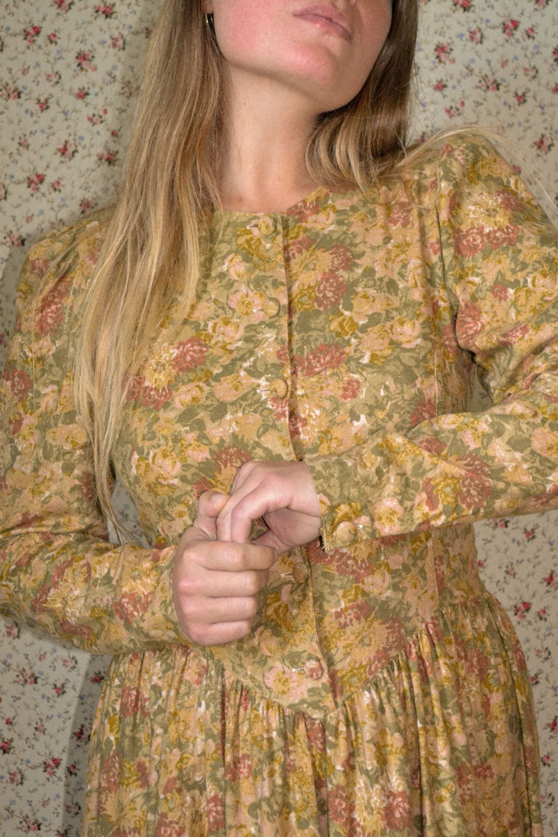 SAFFRON - 1980s Laura Ashley Autumn Floral Prairie Dress - Size S/M
