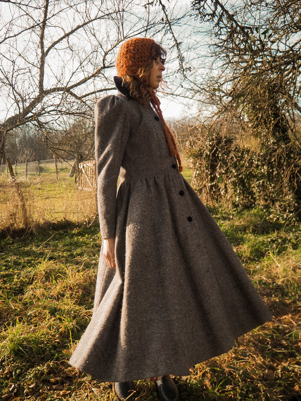 ISABELLINE - 1980s Vintage Laura Ashley Navy and Grey Herringbone Coat - Size S