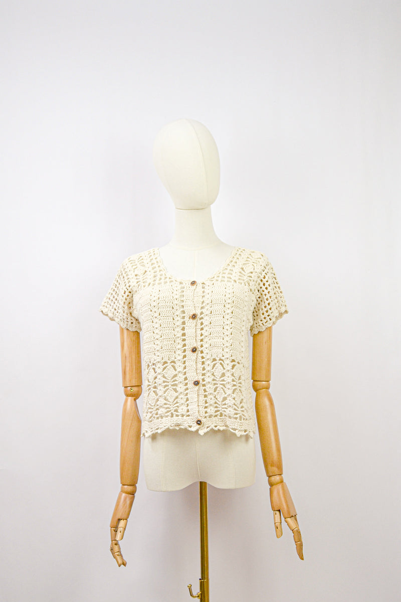WHEAT - 1970s Vintage Crochet Cardigan - Size S/M