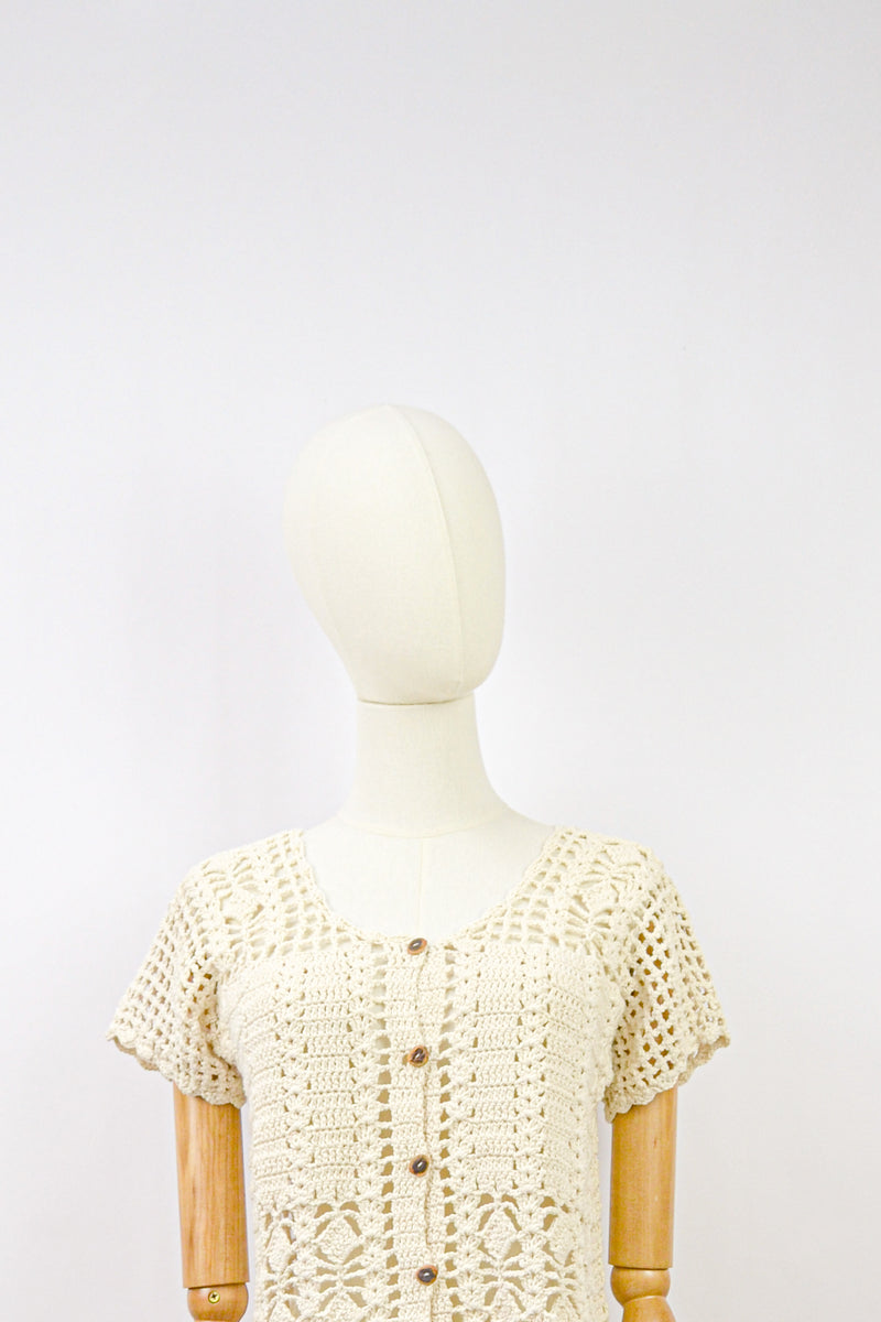 WHEAT - 1970s Vintage Crochet Cardigan - Size S/M