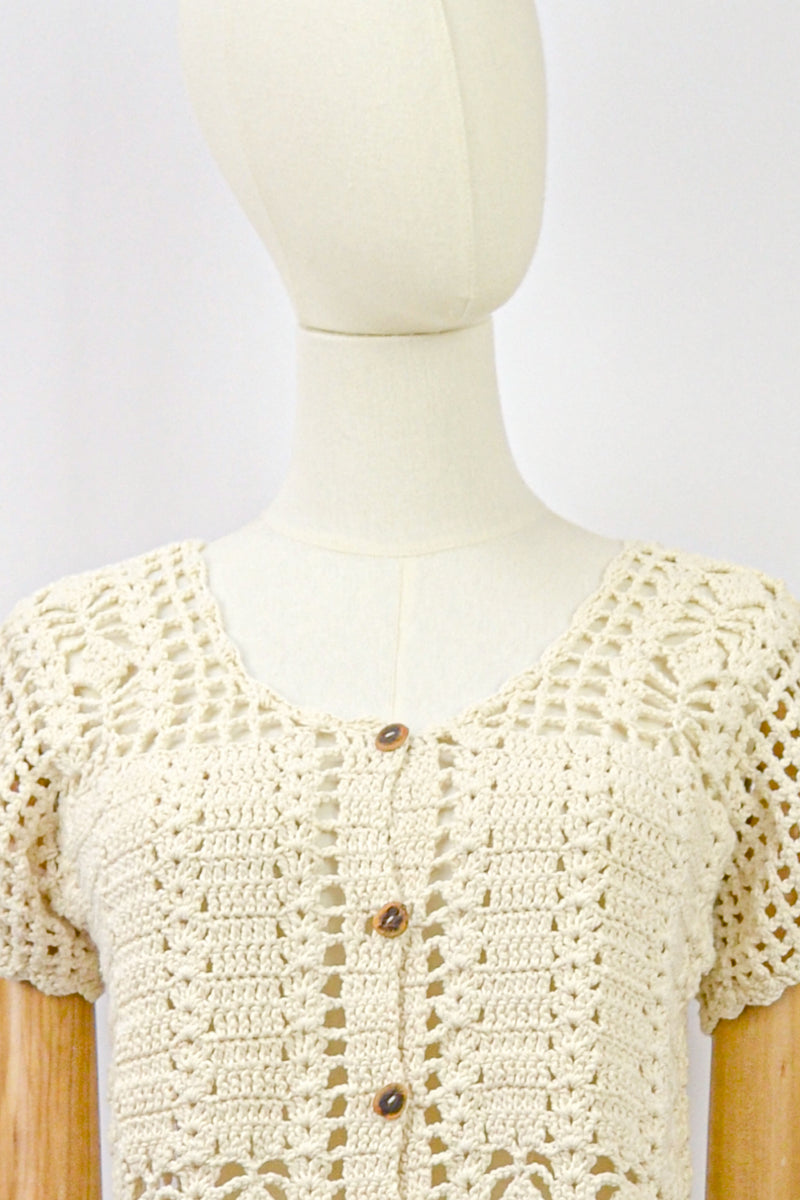 WHEAT - 1970s Vintage Crochet Cardigan - Size S/M