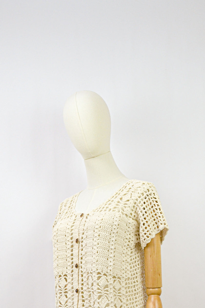 WHEAT - 1970s Vintage Crochet Cardigan - Size S/M