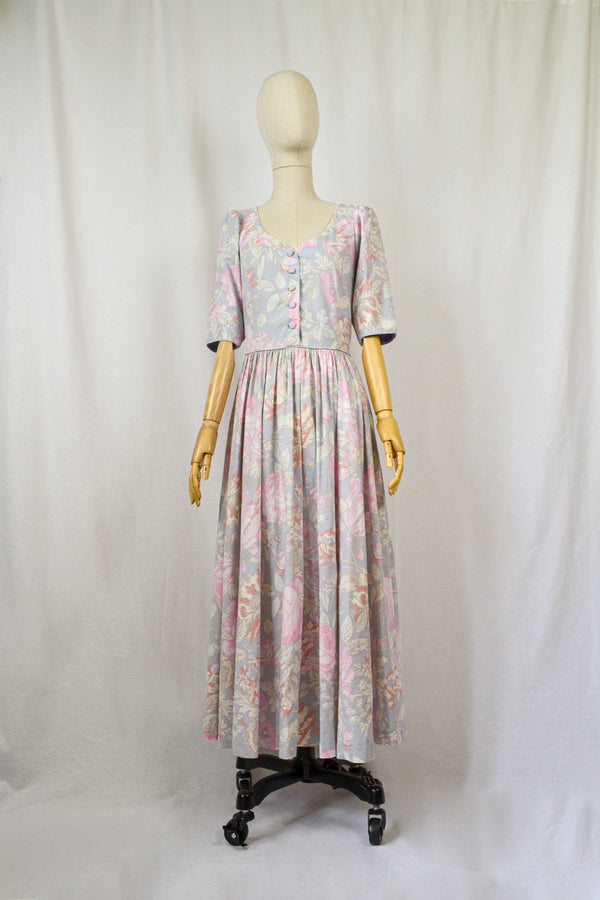 WILD ROSE - 1980s Vintage Floral Laura Ashley Prairie Dress - Size M-L