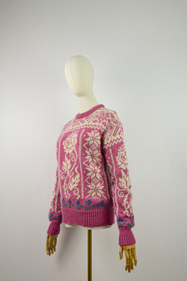 WILD ROSE -Vintage 1980S Woolrich Pink Fair Isle Jumper - Size S/M