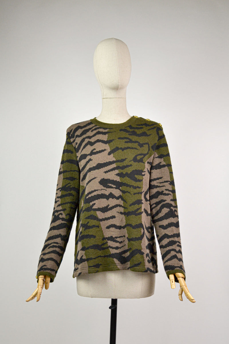 WILD STRIPES - 1990s Vintage Nina Ricci Zebra Camo Jumper - Size M