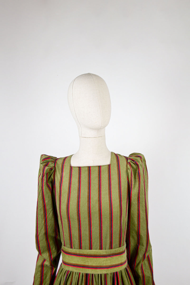 PINE NEEDLE - 1980s Laura Ashley Olive Green Stripes Corduroy Prairie Dress - Size M