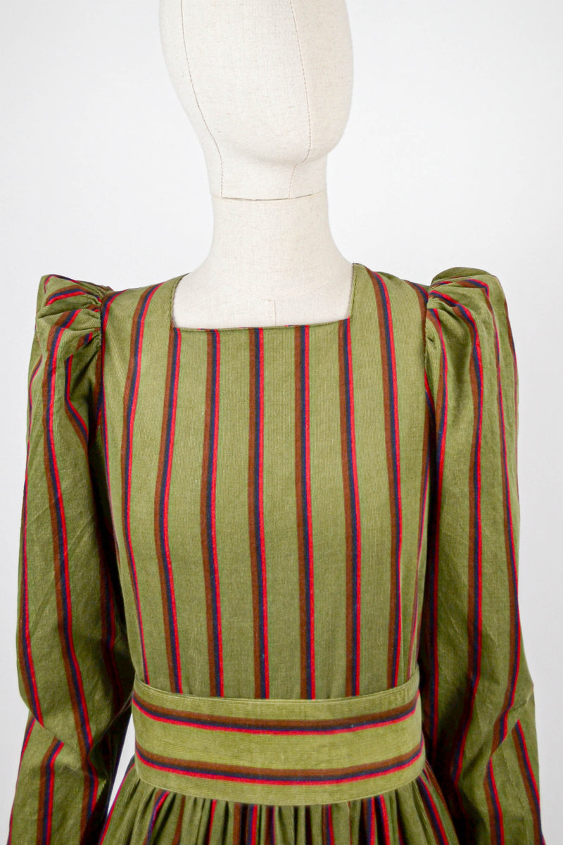 PINE NEEDLE - 1980s Laura Ashley Olive Green Stripes Corduroy Prairie Dress - Size M