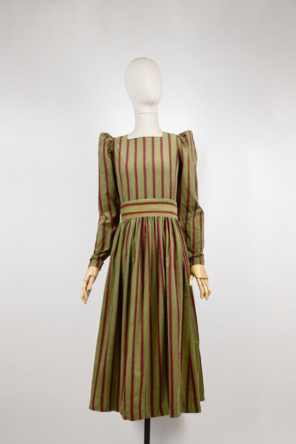 PINE NEEDLE - 1980s Laura Ashley Olive Green Stripes Corduroy Prairie Dress - Size M