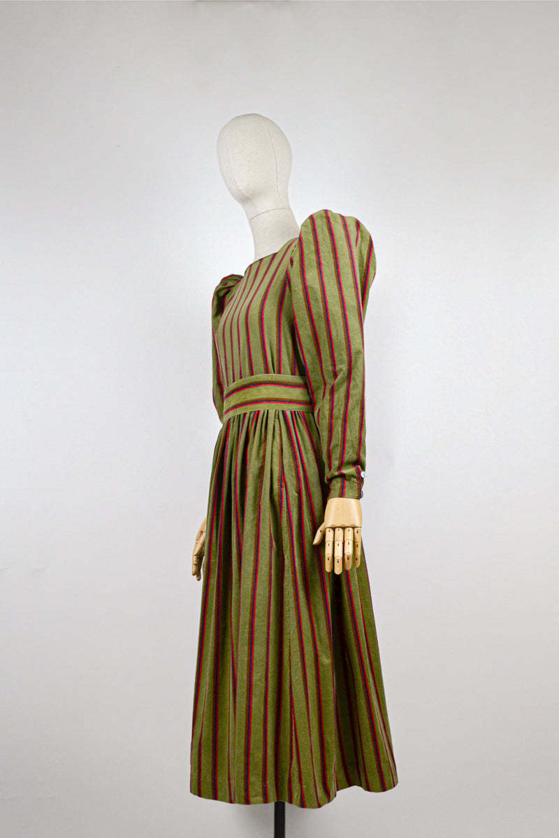 PINE NEEDLE - 1980s Laura Ashley Olive Green Stripes Corduroy Prairie Dress - Size M