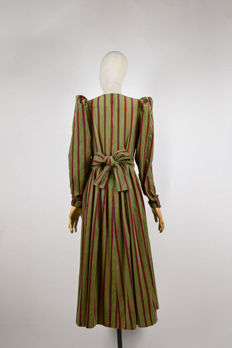 PINE NEEDLE - 1980s Laura Ashley Olive Green Stripes Corduroy Prairie Dress - Size M