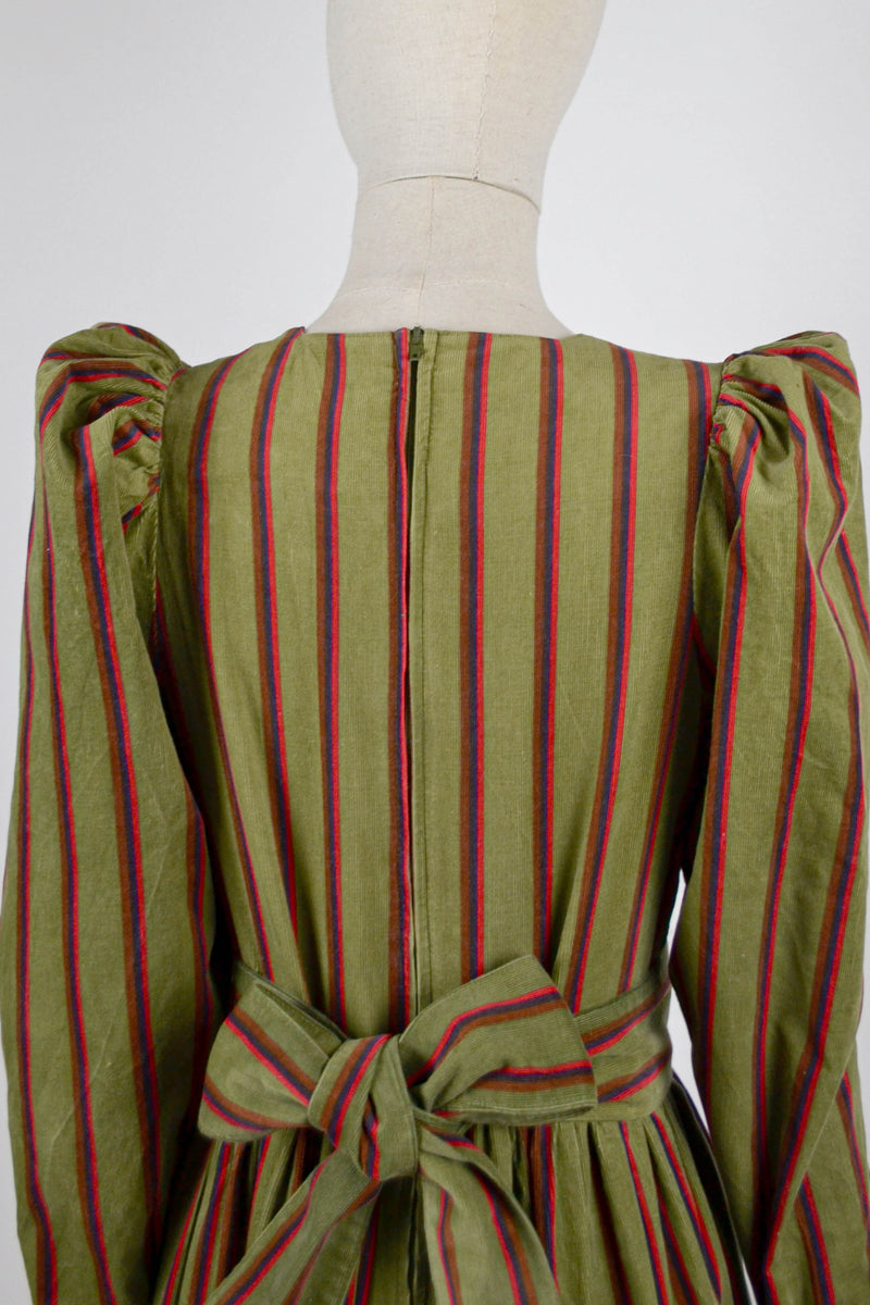 PINE NEEDLE - 1980s Laura Ashley Olive Green Stripes Corduroy Prairie Dress - Size M