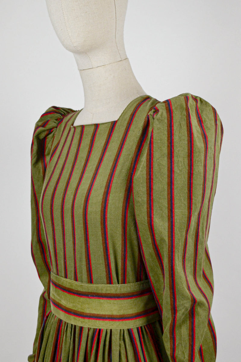 PINE NEEDLE - 1980s Laura Ashley Olive Green Stripes Corduroy Prairie Dress - Size M