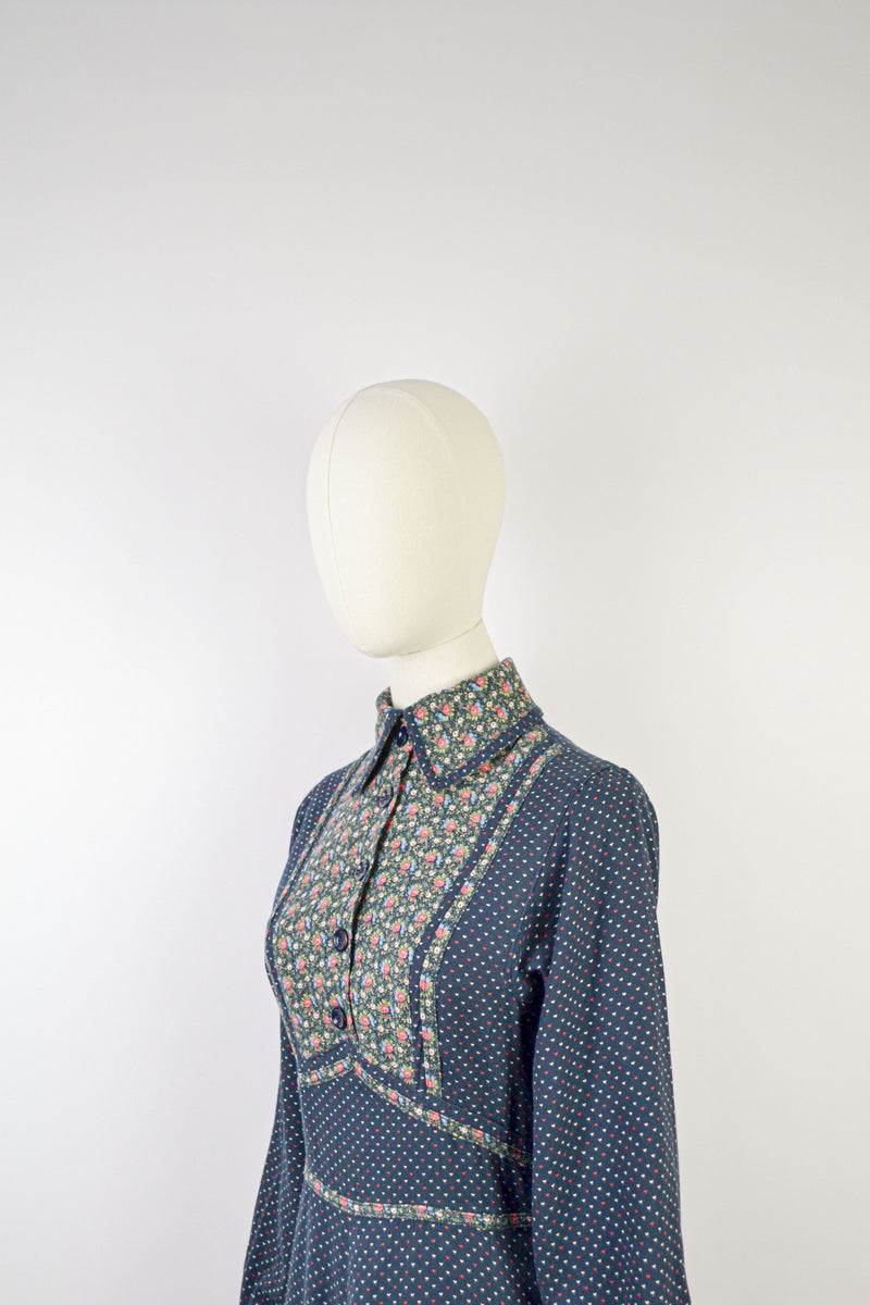 WINTER POSY - 1970s Elkont Floral Print Dress - Size S