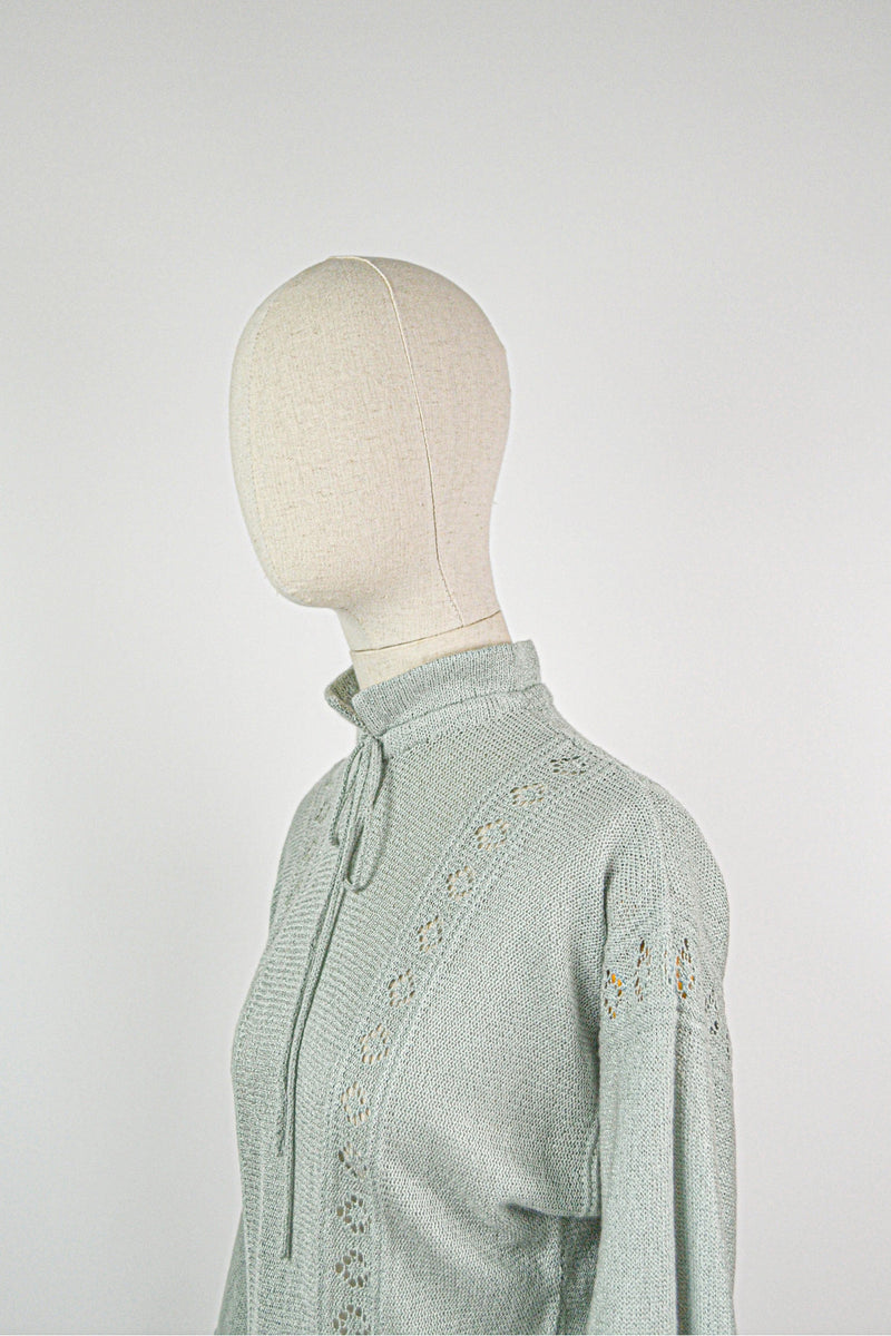 WOODLAND WHISPER - 1970s Vintage Jersey Masters Sage crochet Dress - Size S/M