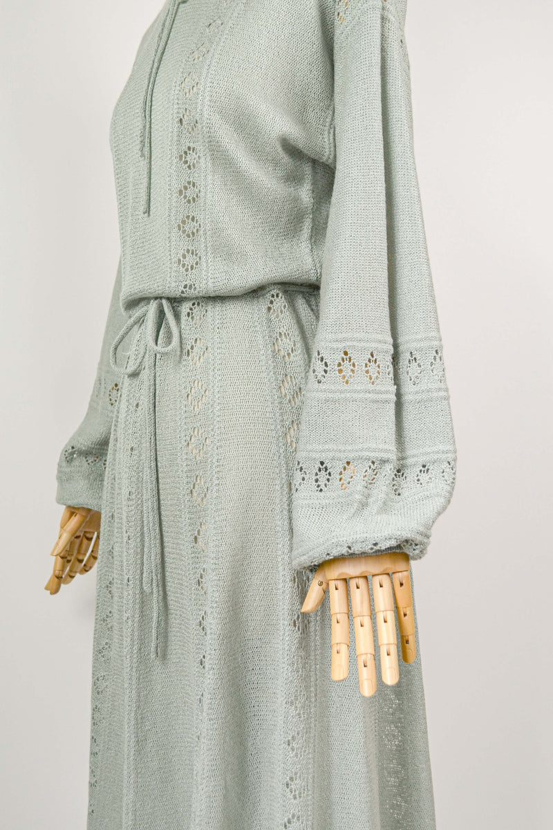 WOODLAND WHISPER - 1970s Vintage Jersey Masters Sage crochet Dress - Size S/M