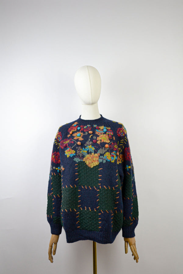WREATH - 1990s Vintage Floral Embroidery Wool Jumper - Size S/M