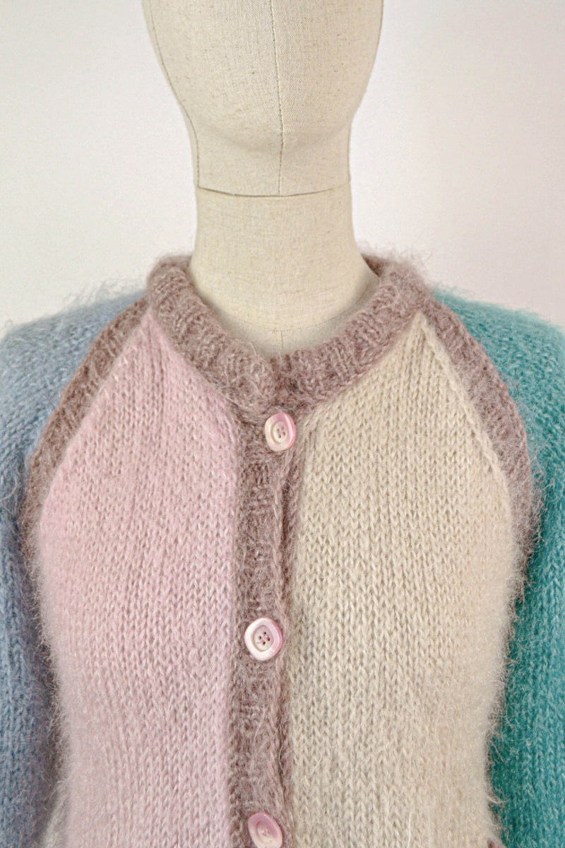 THE HYACINTH - 1980s Vintage Mohair Colorblocking Cardigan - Size XS/S