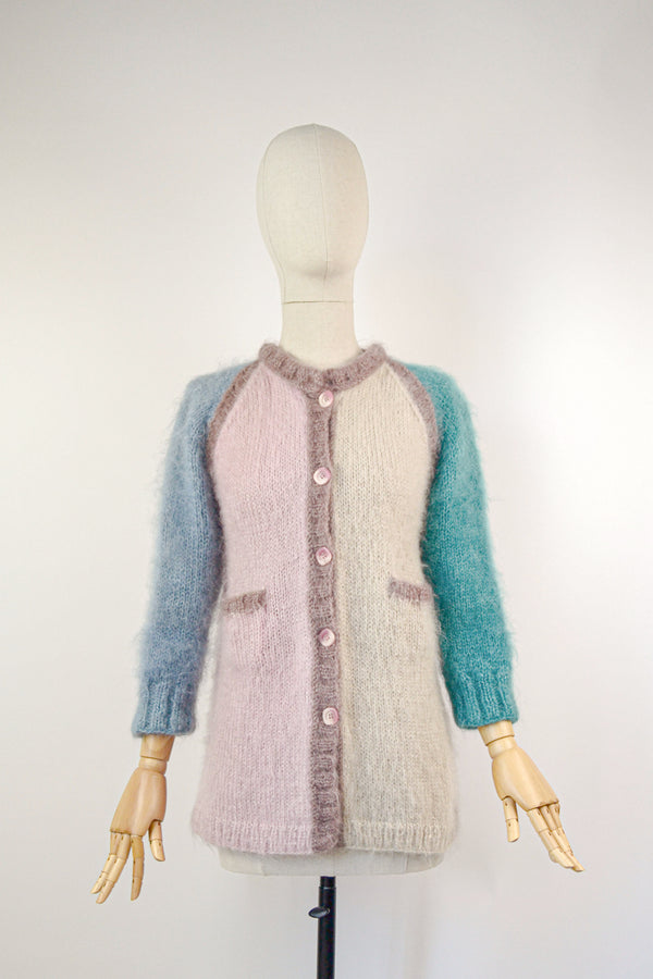 THE HYACINTH - 1980s Vintage Mohair Colorblocking Cardigan - Size XS/S
