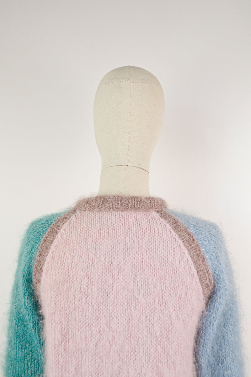 THE HYACINTH - 1980s Vintage Mohair Colorblocking Cardigan - Size XS/S