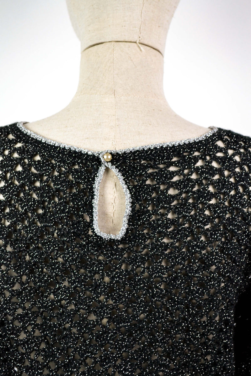 DAZZLING - 1970s Vintage black silver crochet dress - Size M