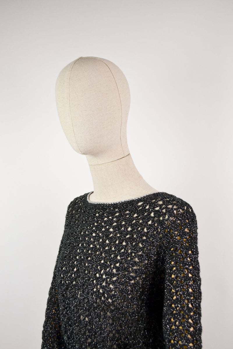 DAZZLING - 1970s Vintage black silver crochet dress - Size M