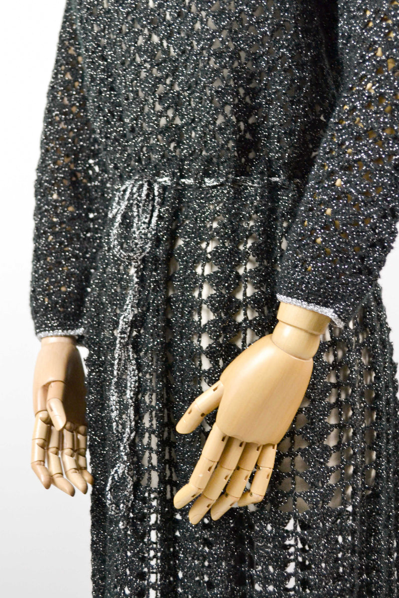 DAZZLING - 1970s Vintage black silver crochet dress - Size M