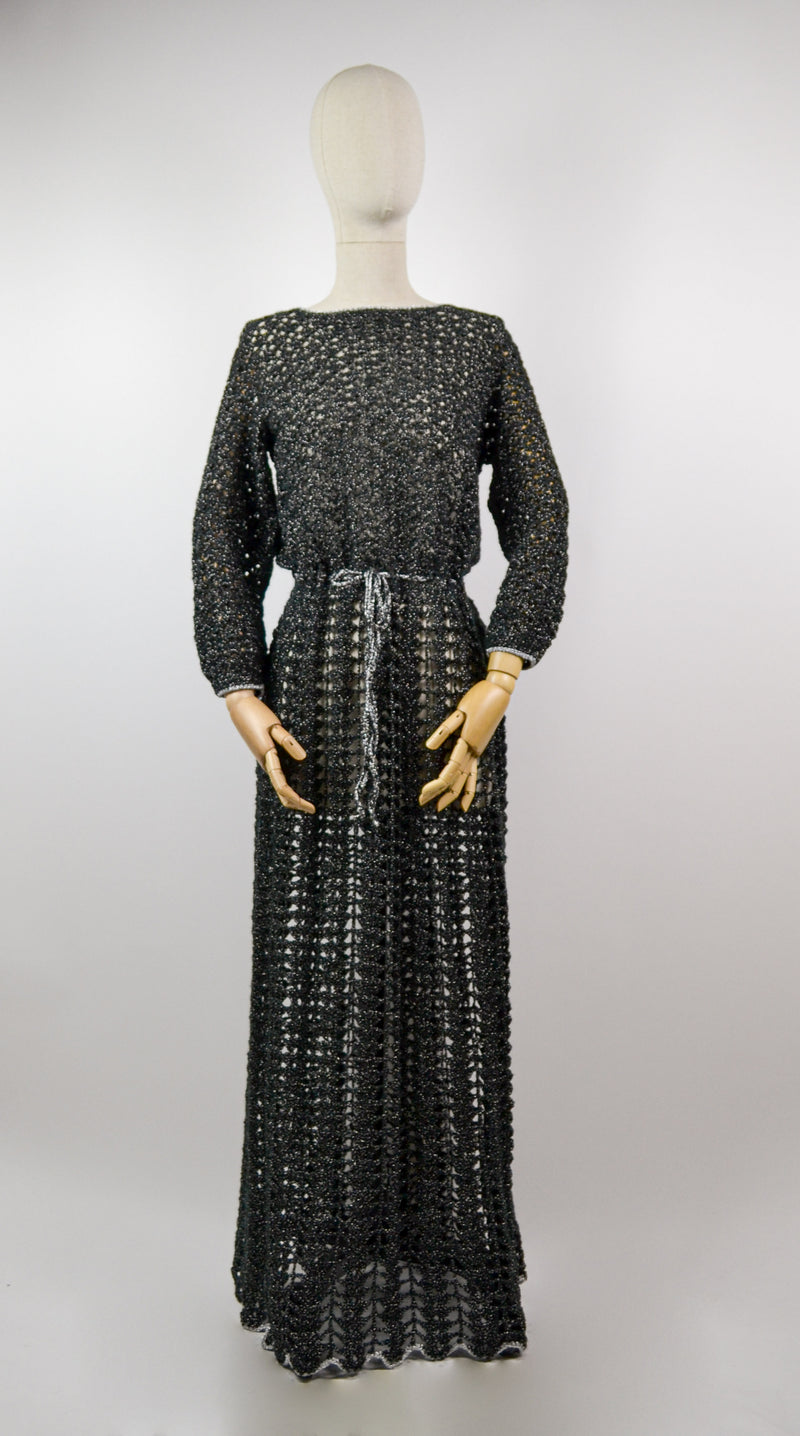 DAZZLING - 1970s Vintage black silver crochet dress - Size M