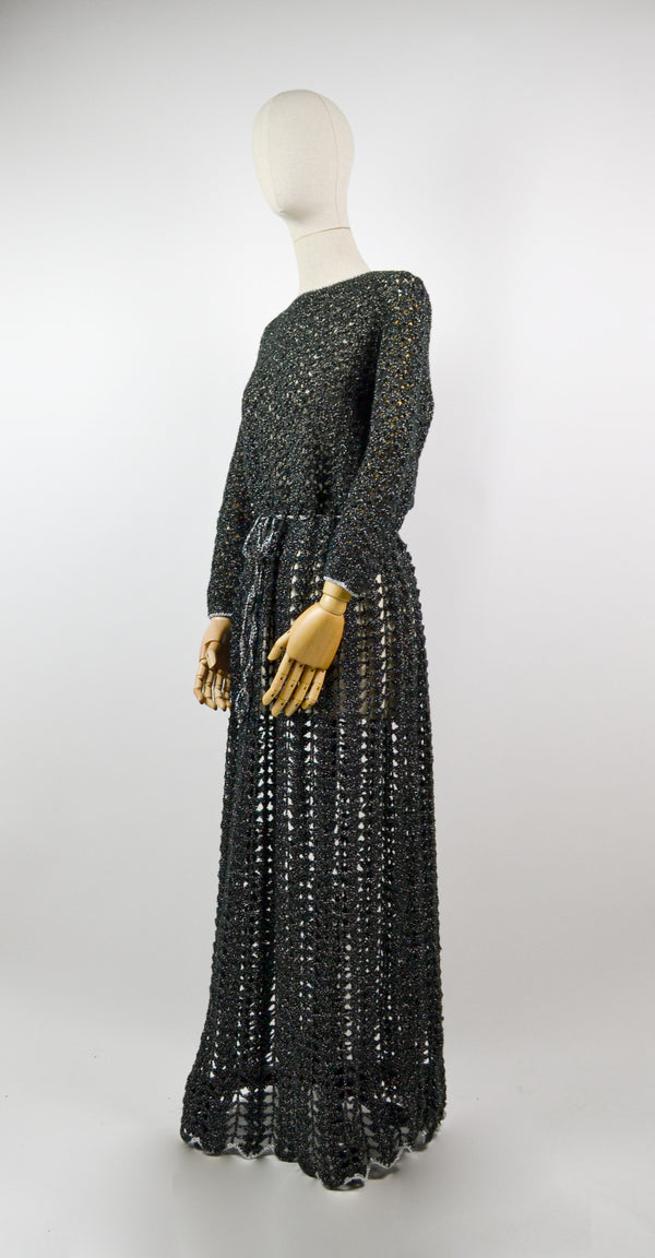 DAZZLING - 1970s Vintage black silver crochet dress - Size M