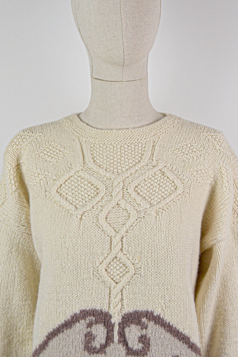 AROUND THE ORCHARD - 1980s Vintage Laura Ashley Intarsia Ivory Sweater - Size S/M