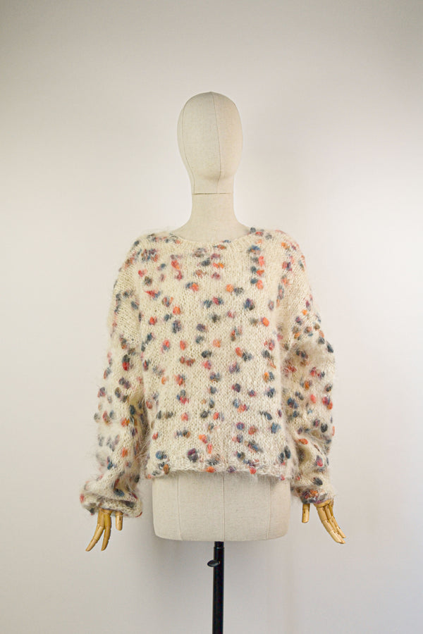 JOLLY BERRY - 1980s Vintage Ivory and Navy, Coral Mohair Sweater - Size S/M