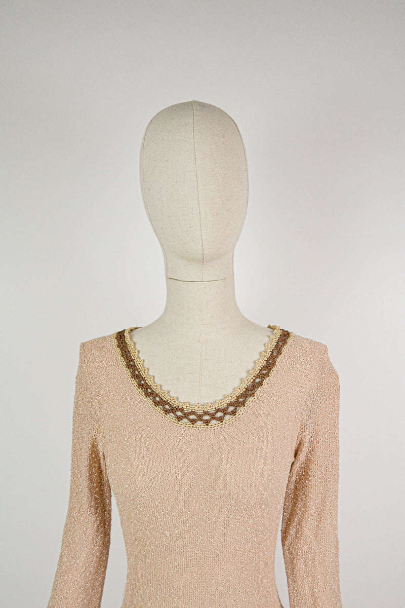 DANCING BAREFOOT - 1970s Vintage knitted beige and Brown Knitted Dress - Size S/M