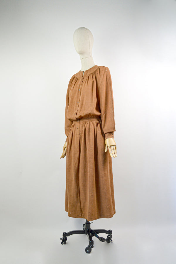 ENDLESS AFTERNOON - 1970s Vintage Cacharel Terracotta Wool Shirtdress - Size S/M