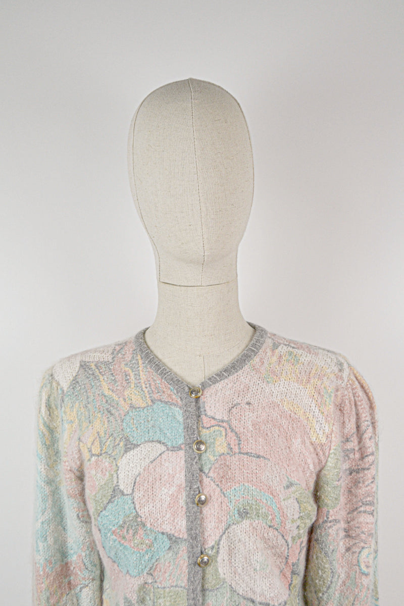 FLOREAL - 1980s Vintage Angora Pastel Floral Cardigan - Size S/M