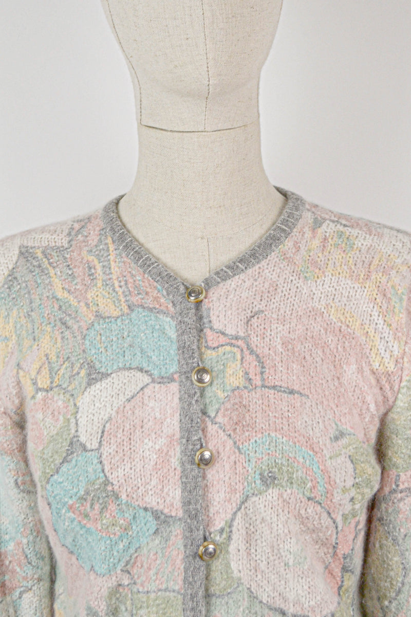 FLOREAL - 1980s Vintage Angora Pastel Floral Cardigan - Size S/M
