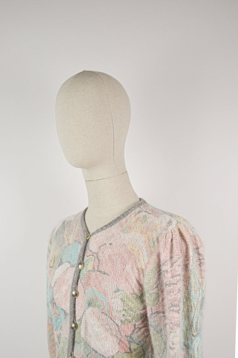 FLOREAL - 1980s Vintage Angora Pastel Floral Cardigan - Size S/M
