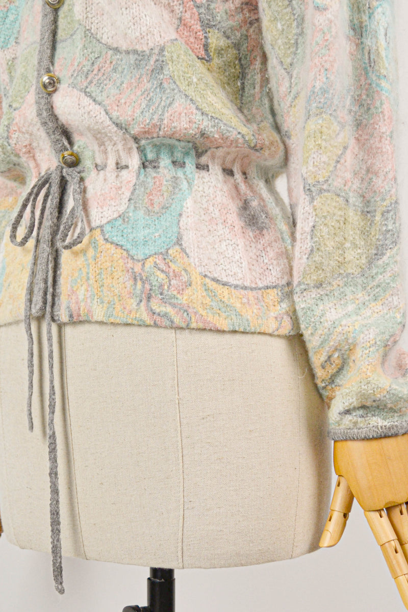 FLOREAL - 1980s Vintage Angora Pastel Floral Cardigan - Size S/M