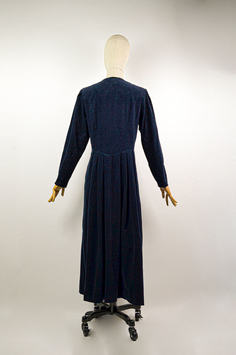 LADY CORDUROY - 1980s Vintage Navy Corduroy Laura Ashley Prairie Dress - Size S/M