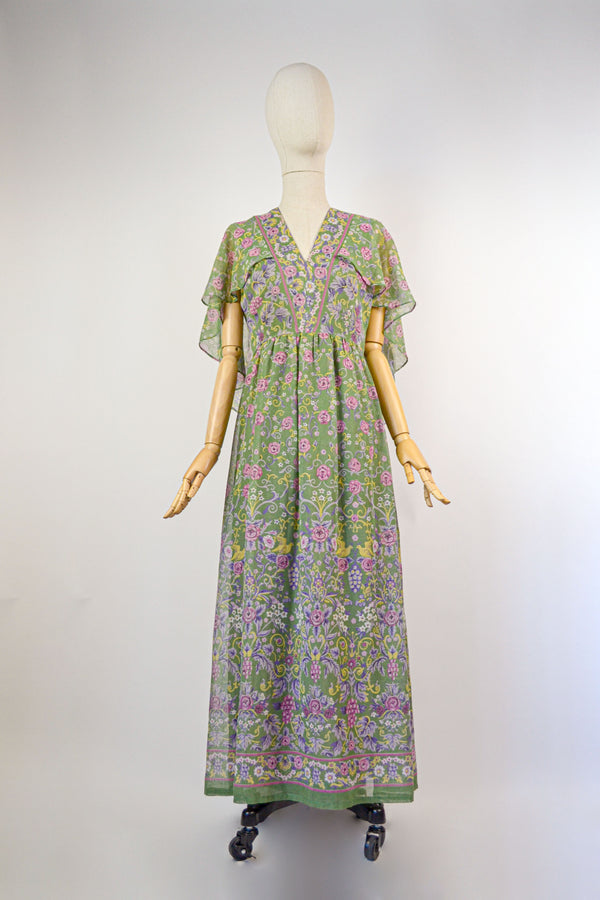 MUTED BLOOM - 1970s Vintage Sherman Of London  Floral Prairie Maxi Dress - Size S