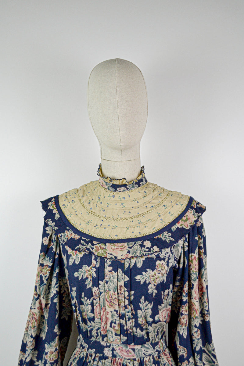 ROSA - 1980s Vintage René Derhy Navy Patchwork Floral Prairie Dress - Size S/M
