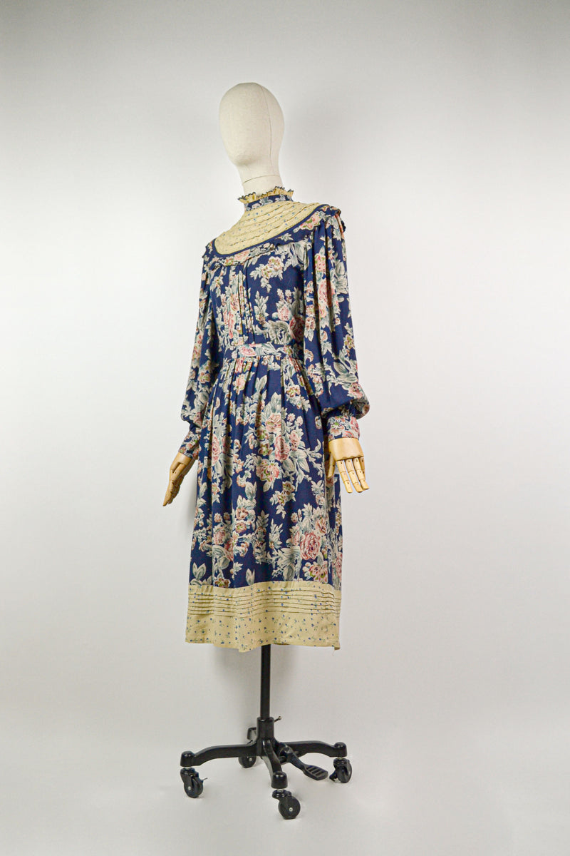ROSA - 1980s Vintage René Derhy Navy Patchwork Floral Prairie Dress - Size S/M