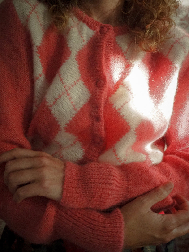 TEA ROSE - 1980s Vintage Mohair Argyle Pink Cardigan - Size S/M
