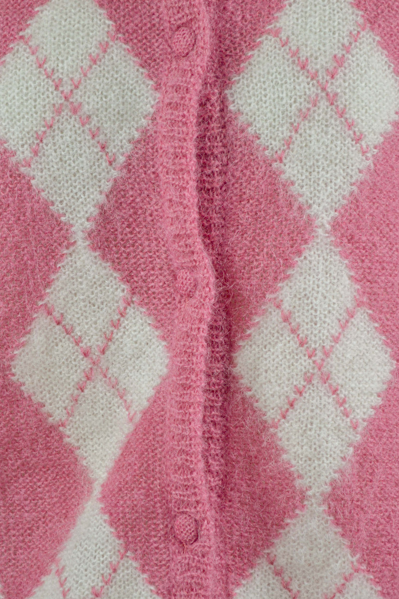 TEA ROSE - 1980s Vintage Mohair Argyle Pink Cardigan - Size S/M