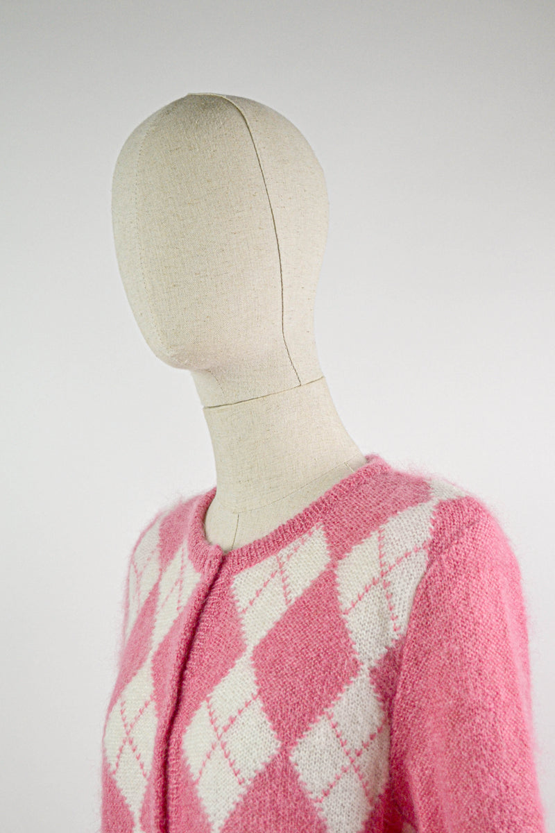 TEA ROSE - 1980s Vintage Mohair Argyle Pink Cardigan - Size S/M