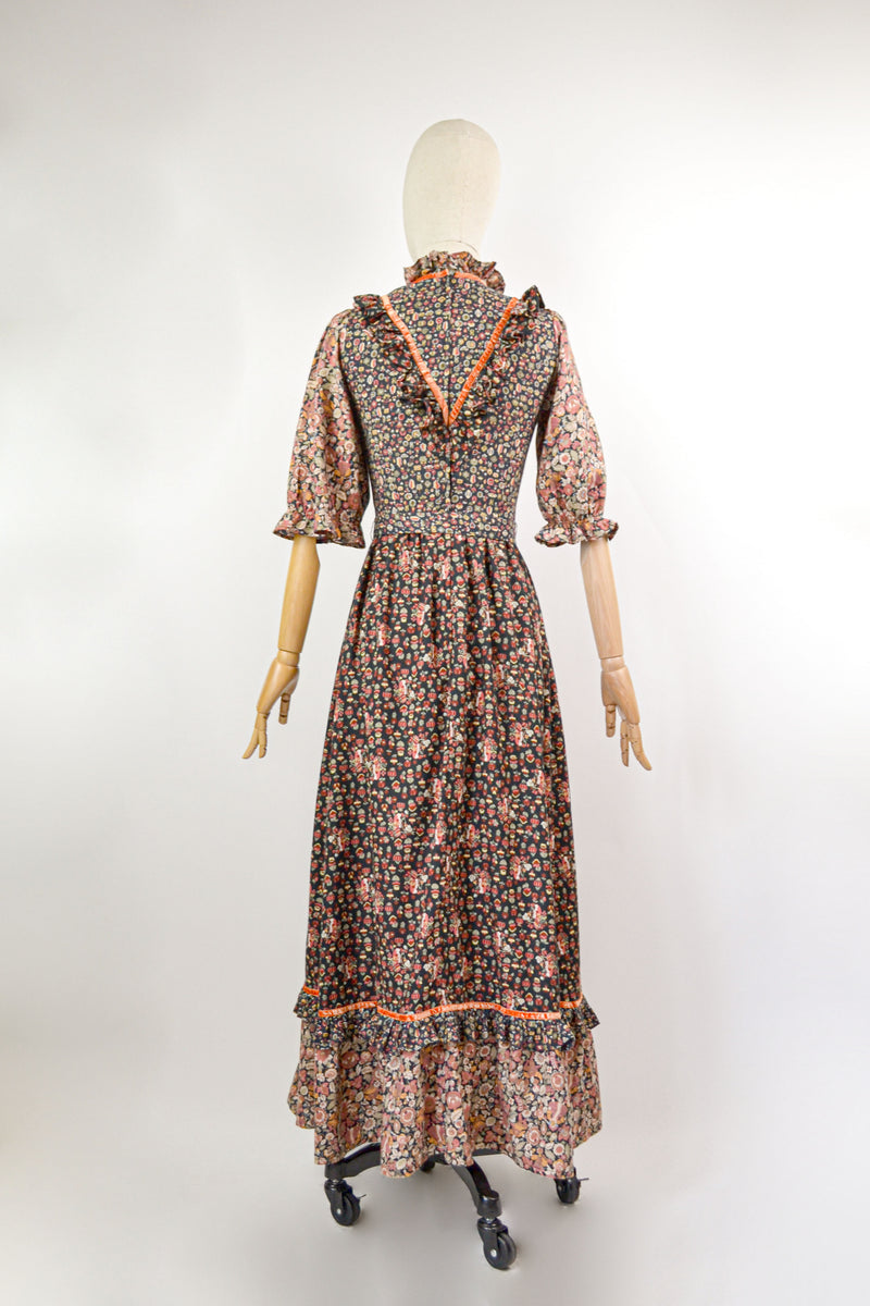 THE AMBROSIA - 1970s Vintage Dark Patchwork Print Prairie Dress - Size XS
